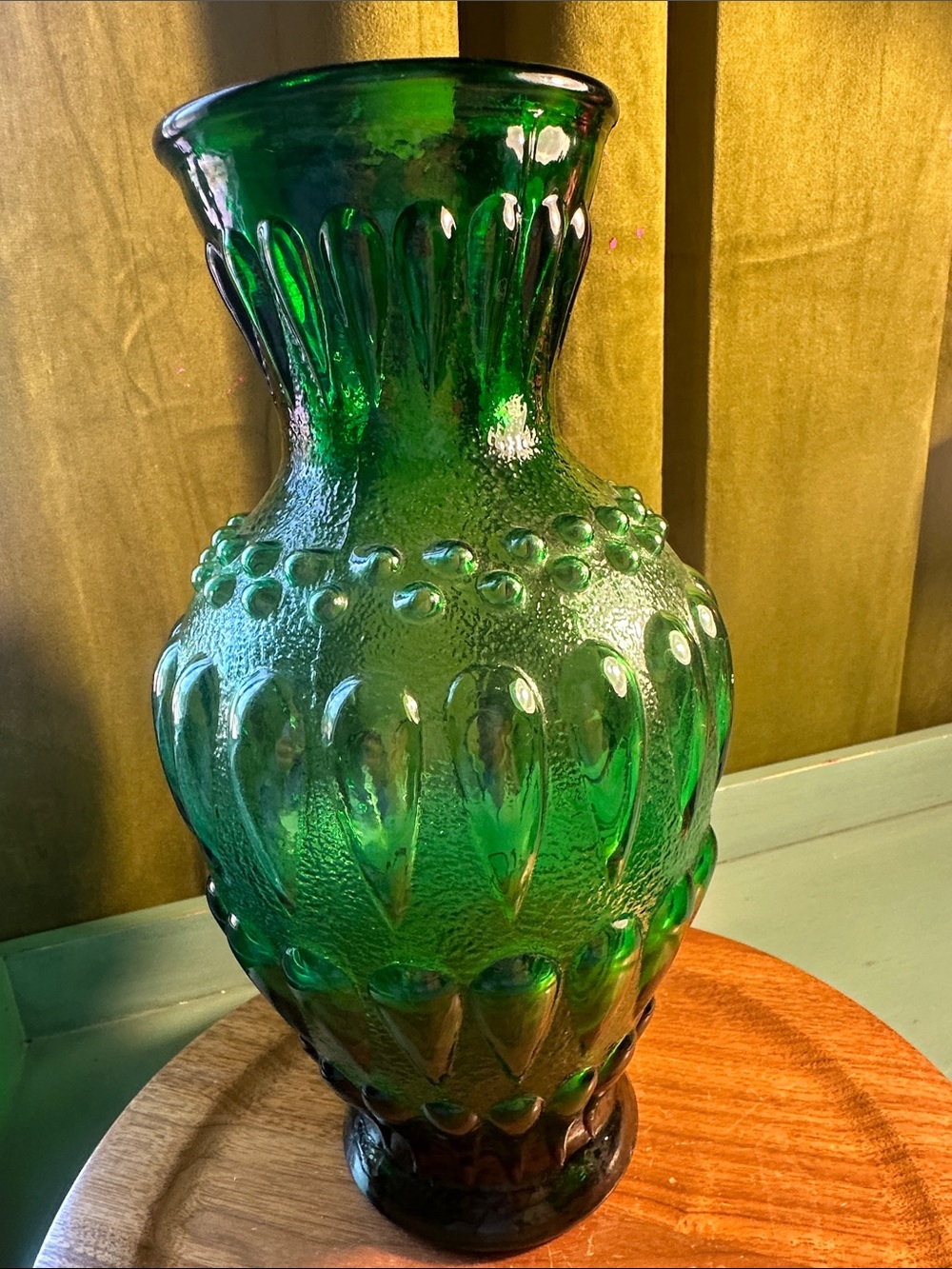 VTG Green Pressed Glass Beaded Vase 10 1/2” High